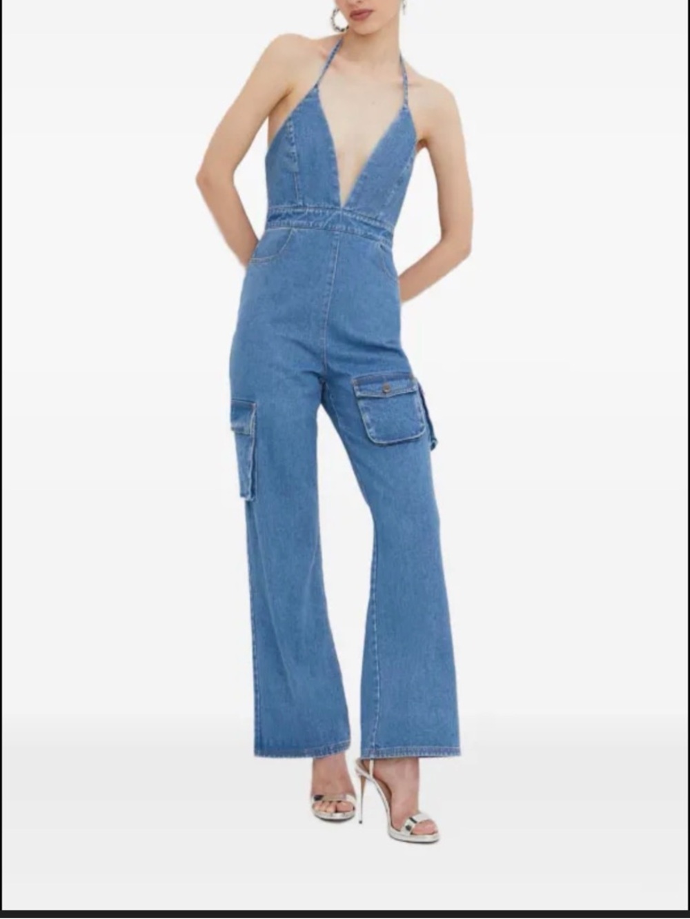 Bardot Blue Denim Plunge Halter Wide-Leg Jumpsuit